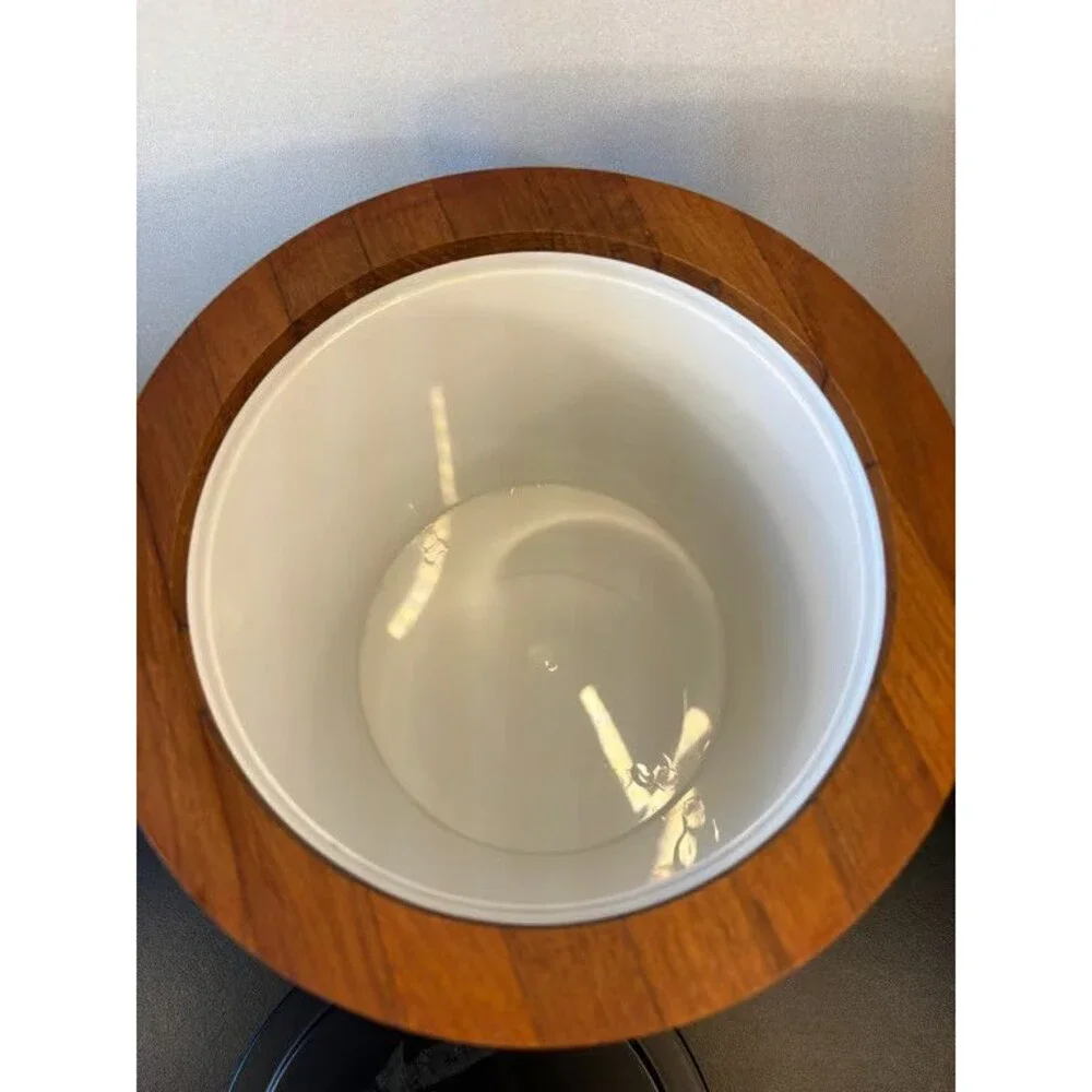 Mid Century Ice Bucket Black Body Teak Collar Swing Handle Cork Knob Barware